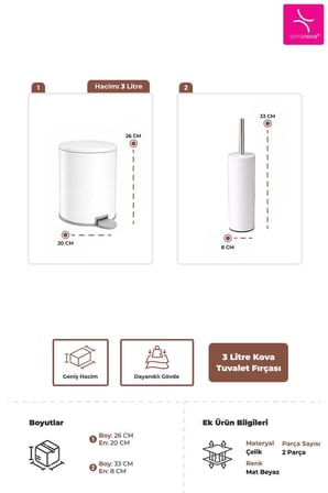Cigo 2li Banyo Seti Çelik Çöp Kovası Tuvalet Fırçası 3 Litre Beyaz Metal