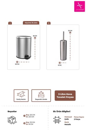 Cigo 2li Banyo Seti Çelik Çöp Kovası Tuvalet Fırçası Mat Gri 3 Litre