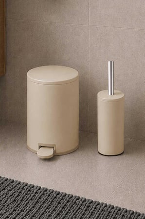 Cigo 2li Banyo Seti Çelik Çöp Kovası Tuvalet Fırçası Bej Renk 3 Litre