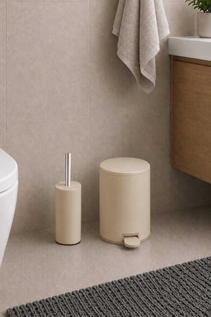 Cigo 2li Banyo Seti Çelik Çöp Kovası Tuvalet Fırçası Bej Renk 3 Litre