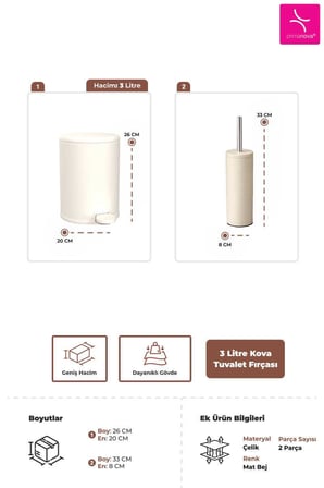 Cigo 2li Banyo Seti Çelik Çöp Kovası Tuvalet Fırçası Bej Renk 3 Litre
