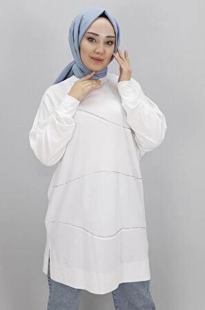 CYLN10466 PUANE VİSKON KUMAŞ ÖNÜ TAŞ ŞERİTLİ TESETTÜR TUNİK