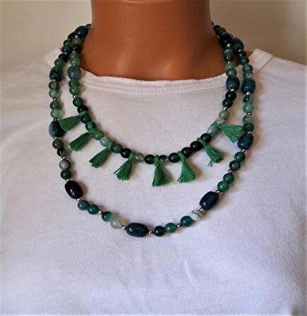 İki Sıralı Püsküllü Yeşil Akik Kolye