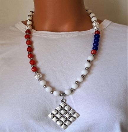 Beyaz Kızıl Mavi Ceyt Jasper Uzun Kolye