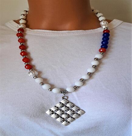 Beyaz Kızıl Mavi Ceyt Jasper Uzun Kolye