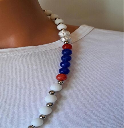 Beyaz Kızıl Mavi Ceyt Jasper Uzun Kolye