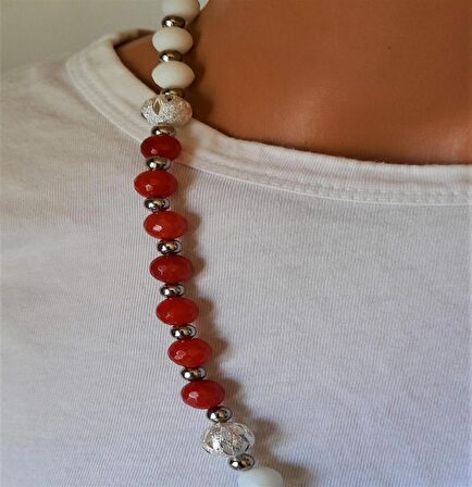 Beyaz Kızıl Mavi Ceyt Jasper Uzun Kolye