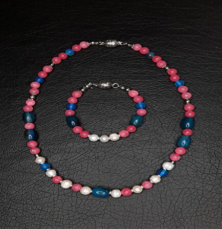 Mavi -pembe Akik İncili Kolye Bileklik Seti