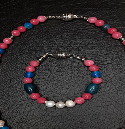 Mavi -pembe Akik İncili Kolye Bileklik Seti