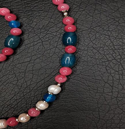 Mavi -pembe Akik İncili Kolye Bileklik Seti