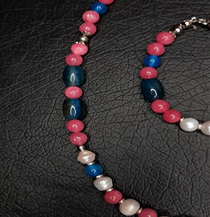 Mavi -pembe Akik İncili Kolye Bileklik Seti