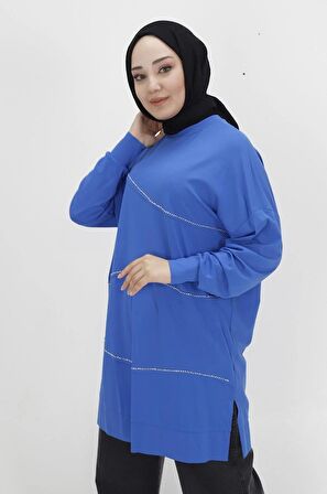 CYLN10466 PUANE VİSKON KUMAŞ ÖNÜ TAŞ ŞERİTLİ TESETTÜR TUNİK