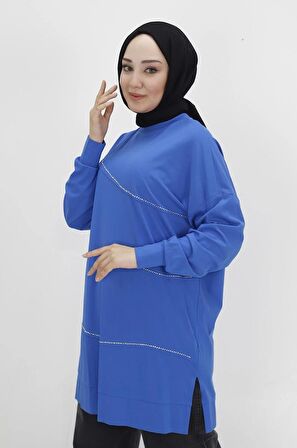 CYLN10466 PUANE VİSKON KUMAŞ ÖNÜ TAŞ ŞERİTLİ TESETTÜR TUNİK