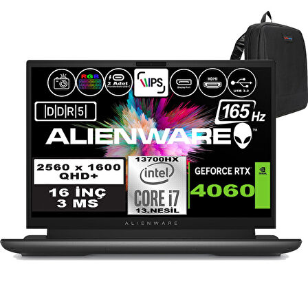 Dell Alienware M16 R1 Intel Core I7-13700HX 32GB Ddr5 1tb SSD RTX4060 8gb 16 Inç 165Hz Qhd+  3ms Windows 11 Pro Gaming Laptop AWM16I7X60WP06 + Zetta Çanta