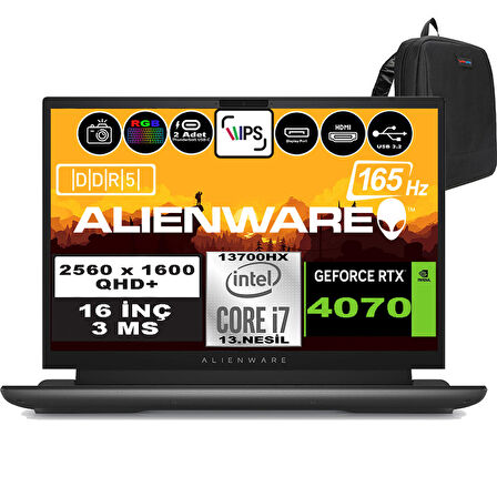 Dell Alienware M16 R1 Intel Core I7-13700HX 96GB Ddr5 4tb SSD RTX4070 8gb 16 Inç 165Hz Qhd+  3ms Windows 11 Pro Gaming Laptop AWM16I7X70WP16 + Zetta Çanta