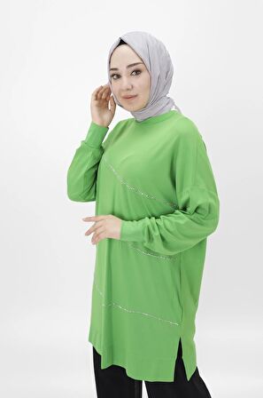 CYLN10466 PUANE VİSKON KUMAŞ ÖNÜ TAŞ ŞERİTLİ TESETTÜR TUNİK