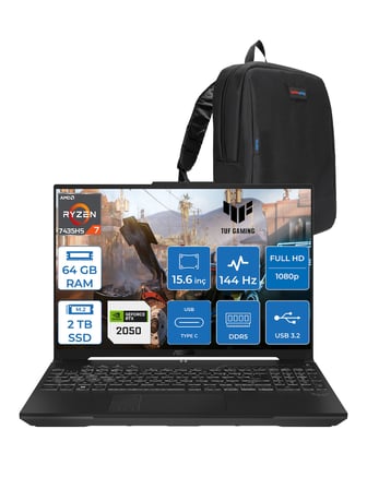 Asus Tuf Gaming A15 FA506NFR Amd Ryzen 7 7435HS 64GB Ddr5 2tb SSD RTX2050 4gb 15.6" Fhd IPS 144HZ Freedos Taşınabilir Bilgisayar HN012F23 + Zetta Çanta