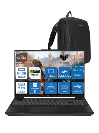 Asus Tuf Gaming A15 FA506NFR Amd Ryzen 7 7435HS 64GB Ddr5 2tb SSD RTX2050 4gb 15.6" Fhd IPS 144HZ Windows 11 Pro Taşınabilir Bilgisayar HN012P23 + Zetta Çanta