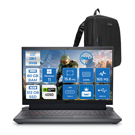 Dell Gaming G15 5530 Intel Core I7 13650HX 80GB Ddr5 512GB SSD Windows 11 Home RTX4050 6gb 140W 15.6" Fhd (1920X1080) 165HZ 3ms 300 Nits Taşınabilir Bilgisayar G155530010UH25 + Zetta Çanta