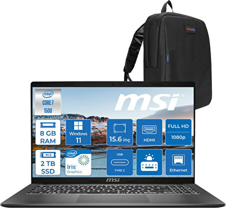 Msı Modern 15 Intel Core 7 150U 8gb 2tb SSD Intel® Graphics Windows 11 Home 15.6" IPS Fullhd (1920X1080) Taşınabilir Bilgisayar F1MG632XTRH04 + Zetta Çanta