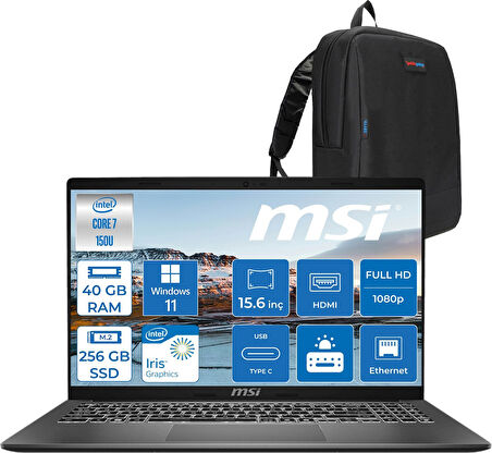 Msı Modern 15 Intel Core 7 150U 40GB 256GB SSD Intel® Graphics Windows 11 Home 15.6" IPS Fullhd (1920X1080) Taşınabilir Bilgisayar F1MG632XTRH21 + Zetta Çanta