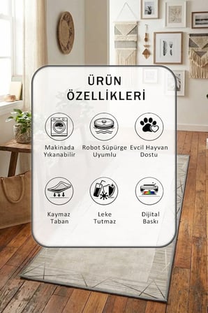 Platin Vintage Yıkanabilir Kaymaz Taban Dijital Baskılı Yolluk Halı