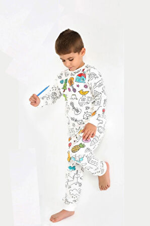 Uzun Kollu Kalem Hediye BOYANABİLİR Erkek  Kız  Çocuk Pijama Takımı Yıkama Sonrası Leke Bırakmaz