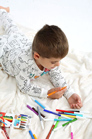 Uzun Kollu Kalem Hediye BOYANABİLİR Erkek  Kız  Çocuk Pijama Takımı Yıkama Sonrası Leke Bırakmaz
