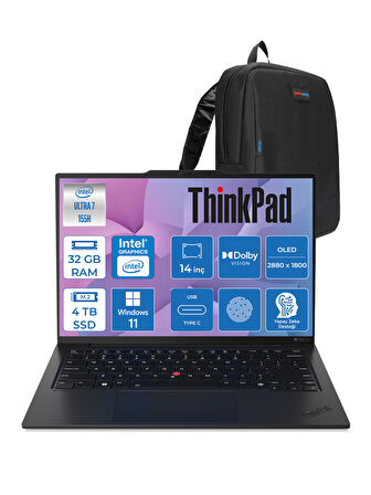 Lenovo Thinkpad X1 Carbon GEN12 Intel® Core™ Ultra 7 155U 32 GB 4tb SSD Windows 11 Pro 4g(Esım) 14'' 2.8k (2880X1800) OLED 400NITS Dokunmatik Dizüstü Bilgisayar X21KC006BTX05 +Zetta Çanta