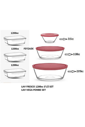 FEYZADE FRESCO Kilitli Cam Saklama Kabı Seti 3 adet 1200cc BEYAZ KAPAK - VEGA Saklama Kabı PEMBE
