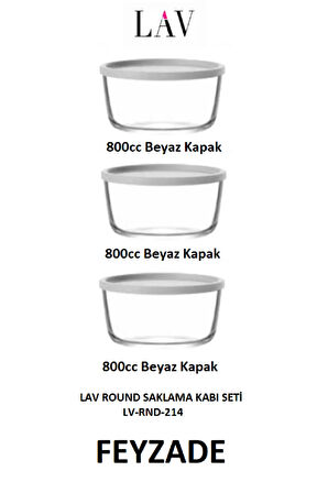 FEYZADE ROUND Saklama Kabı Seti 3 ADET 800cc BEYAZ KAPAKLI (RND-214)