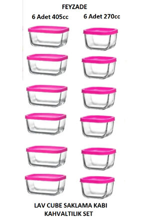 FEYZADE CUBE Kahvaltılık Saklama Kabı Seti PEMBE KAPAKLI (6 Adet 405cc - 6 Adet 270cc)