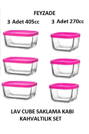 FEYZADE CUBE Kahvaltılık Saklama Kabı Seti PEMBE KAPAKLI (3 Adet 405cc - 3 Adet 270cc)