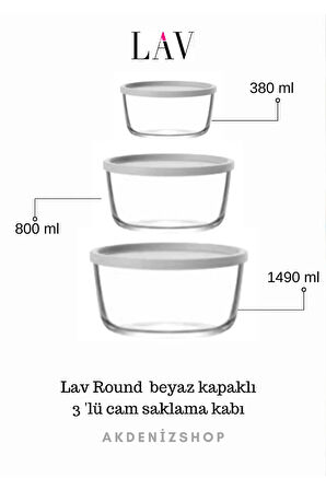 Round Saklama Kabı Seti (1490CC - 800CC - 380CC) Beyaz Kapaklı