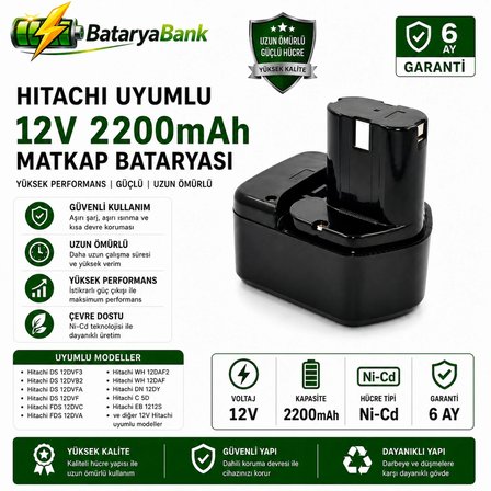 Hitachi Uyumlu 12V 2200mAh Ni-Cd Şarjlı Matkap Bataryası - BataryaBank