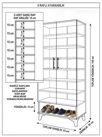 Ayakkabılık, 8 Raflı 2 Kapaklı Beyaz Ayakkabılık, Kiler Dolabı, Çok Amaçlı Dolap, Ayaklı, 24 Çift