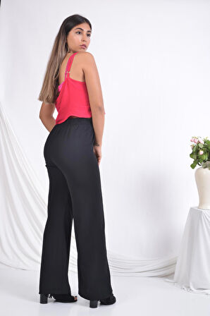 SORALLİNE KADIN PANTOLON YAZLIK TAM  BEL LASTİKLİ BOL PAÇA 1697 AEROBİN KUMAŞ SIYAH