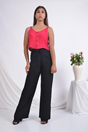 SORALLİNE KADIN PANTOLON YAZLIK TAM  BEL LASTİKLİ BOL PAÇA 1697 AEROBİN KUMAŞ SIYAH