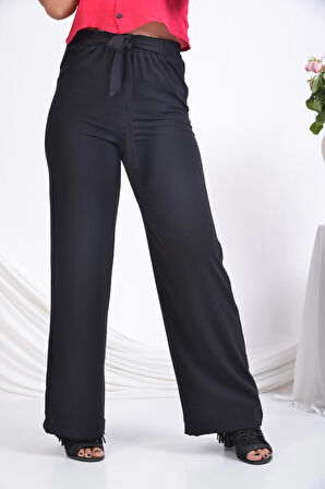 SORALLİNE KADIN PANTOLON YAZLIK TAM  BEL LASTİKLİ BOL PAÇA 1697 AEROBİN KUMAŞ SIYAH