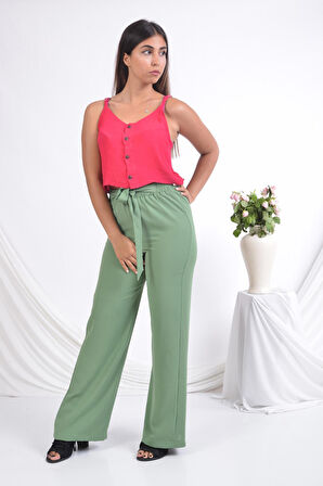 SORALLİNE KADIN PANTOLON YAZLIK TAM  BEL LASTİKLİ BOL PAÇA 1697 AEROBİN KUMAŞ YESIL