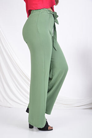 SORALLİNE KADIN PANTOLON YAZLIK TAM  BEL LASTİKLİ BOL PAÇA 1697 AEROBİN KUMAŞ YESIL