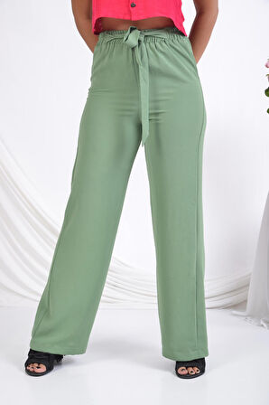 SORALLİNE KADIN PANTOLON YAZLIK TAM  BEL LASTİKLİ BOL PAÇA 1697 AEROBİN KUMAŞ YESIL