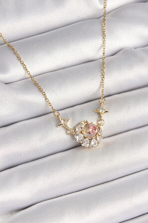 316L Çelik Gold Renk Zirkon Taşlı Hilal Pembe Kalp Model Kadın Kolye