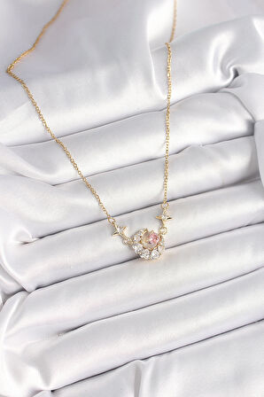 316L Çelik Gold Renk Zirkon Taşlı Hilal Pembe Kalp Model Kadın Kolye