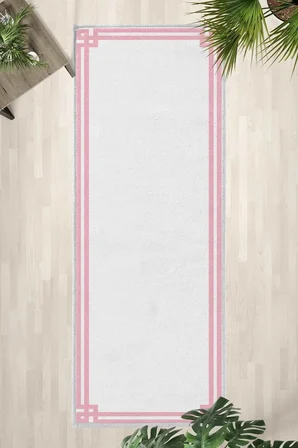 Klasik Beyaz Pembe Yıkanabilir Yolluk Halı Kaymaz Taban Salon Mutfak Beyaz Pembe