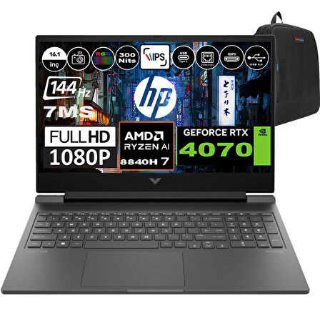 Hp Victus 16-S1002NT Amd Ryzen 7 8840H 96GB Ram 1tb SSD Freedos 16.1 Inç Fhd 144Hz 7ms 300NİT 8GB-RTX4070 Taşınabilir Bilgisayar A05N6EAF10 + Zetta Çanta