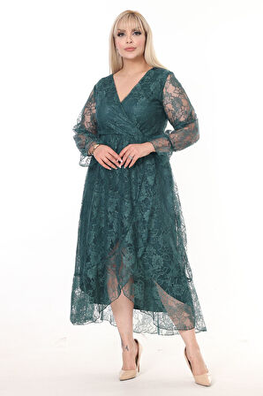 Kruvaze Yaka Uzun Kol Büyük Beden Dantel Elbise 16C-2602