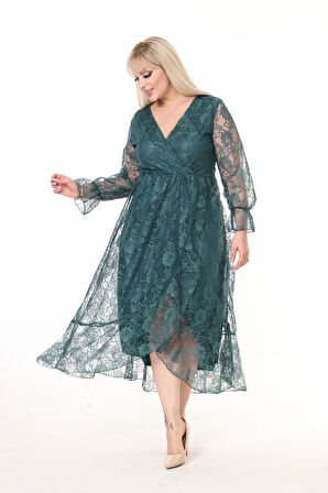 Kruvaze Yaka Uzun Kol Büyük Beden Dantel Elbise 16C-2602