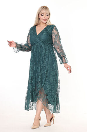 Kruvaze Yaka Uzun Kol Büyük Beden Dantel Elbise 16C-2602