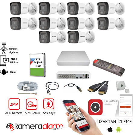 HIKVISION 10 Kameralı Gece Gündüz Renkli, Ses Kayıtlı Güvenlik Kamerası Seti - Uzaktan Izleme - 2TB